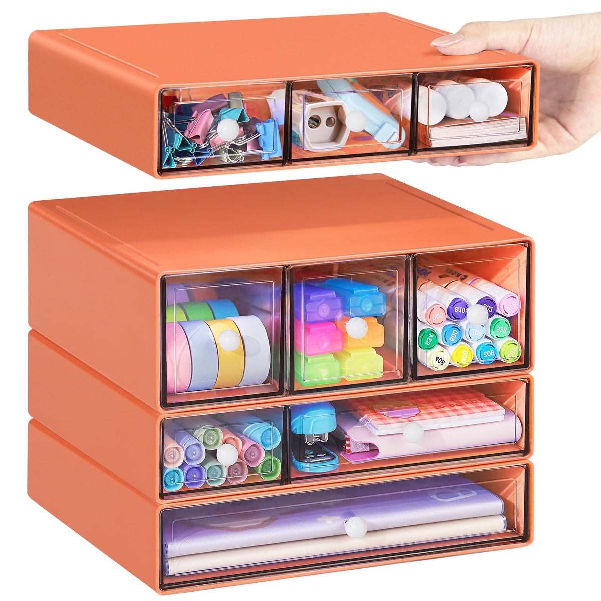 Desk Storage Organizer with 9 Drawers, 4 Tiers Stackable Desktop Craft Storage Drawers, Clear Storage Box Caddy for Stationary Makeup Jewelry Office Craft Supplies (Green)