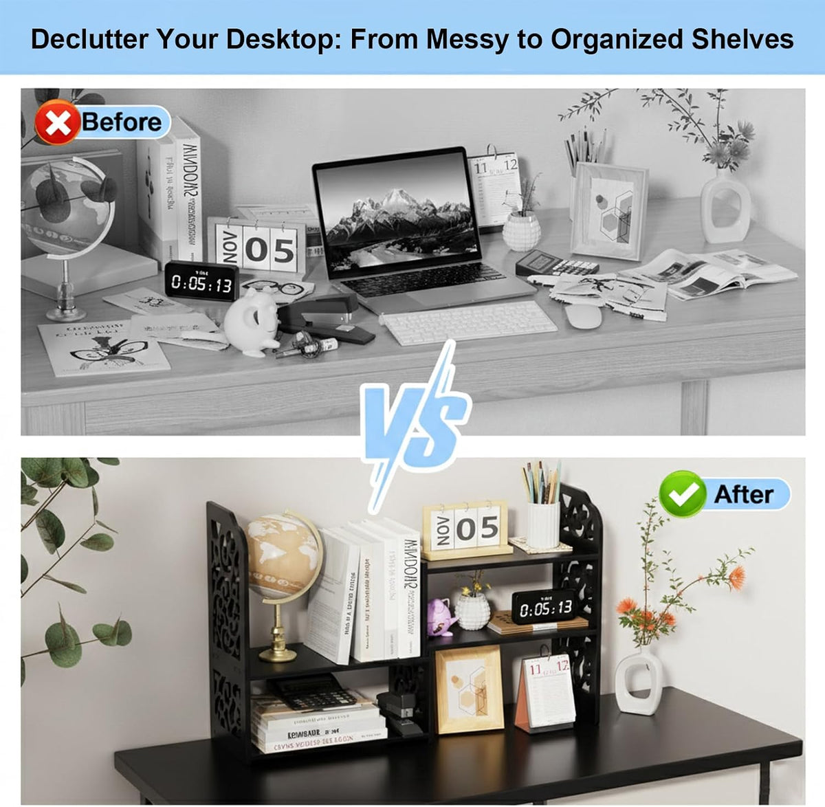 YGYQZ Adjustable Desktop Shelf Organizer, 3-Tier Desk Shelf, Black Pattern