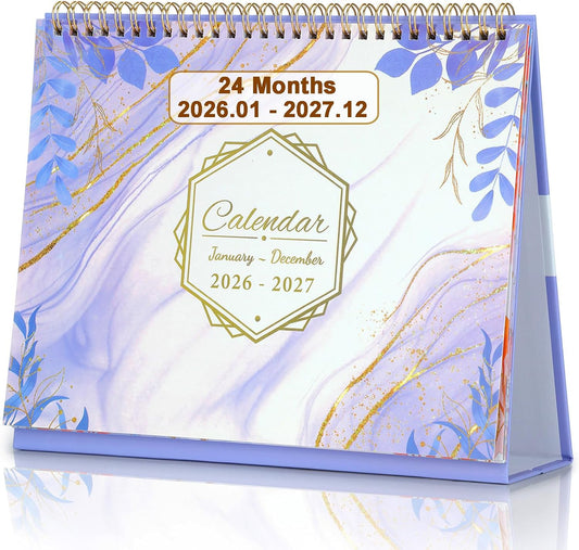 ZEEYUAN Desk Calendar 2026-2027 [Full 2-Years] Small Monthly Desktop Standing Up Flip Calendar 24-Month (Jan.2026- Dec.2027) Cute Office Desk Calendars with Planner for Work Home, 10x8.3inch/ Purple