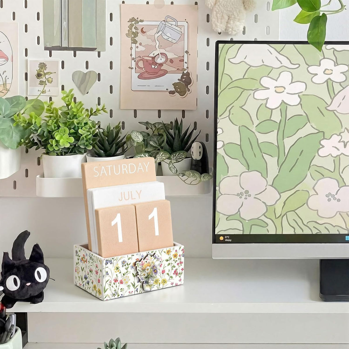 AceOrbit Wildflower Wood Block Perpetual Calendar Coquette Desk Decor