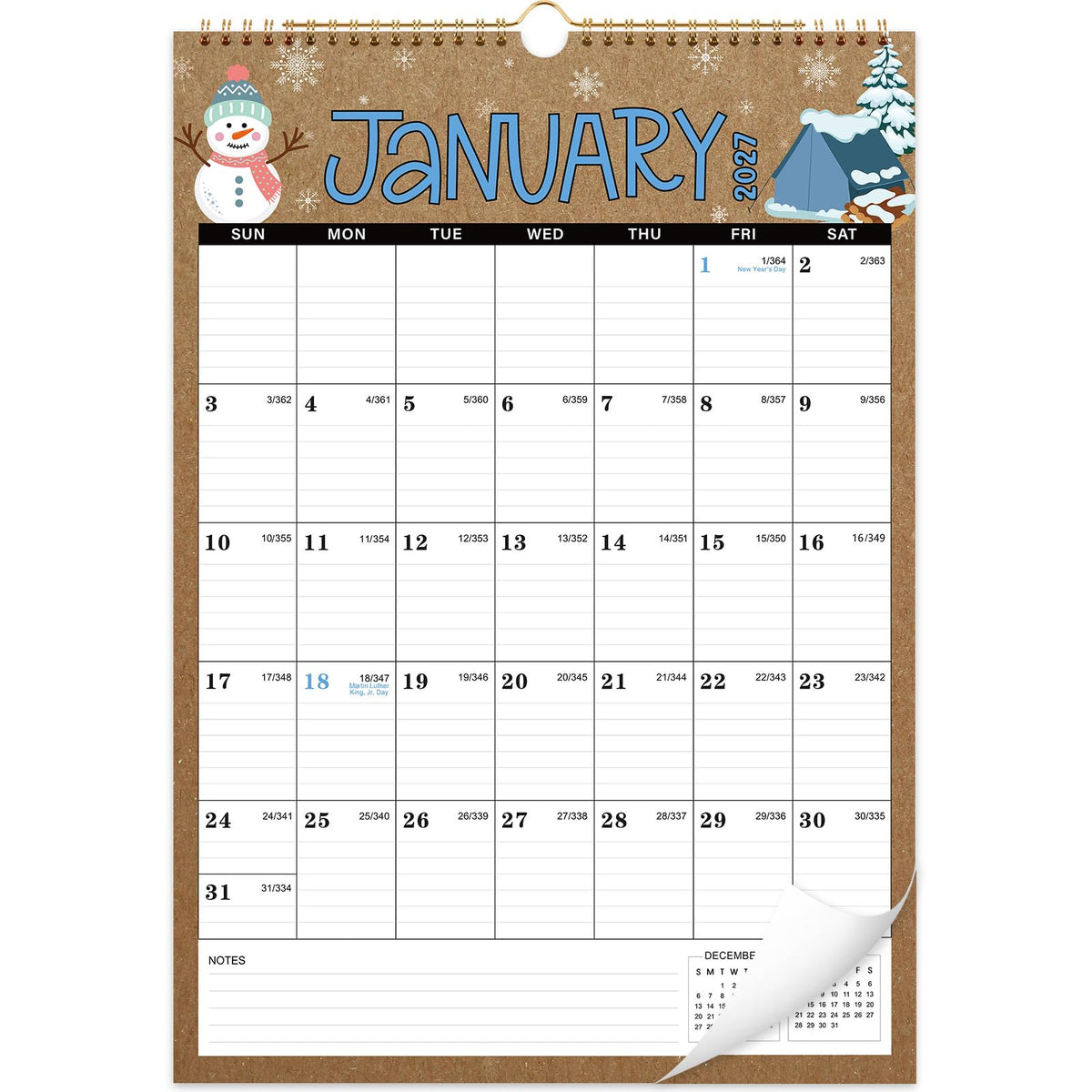 2027 Calendar - 2027 Wall Calendar, Jan 2027 - Dec 2027, 12" x 17", 12 Months Calendar, Twin-Wire Binding, Hanging Hook, Blocks and Julian Dates - Colorful Waterink