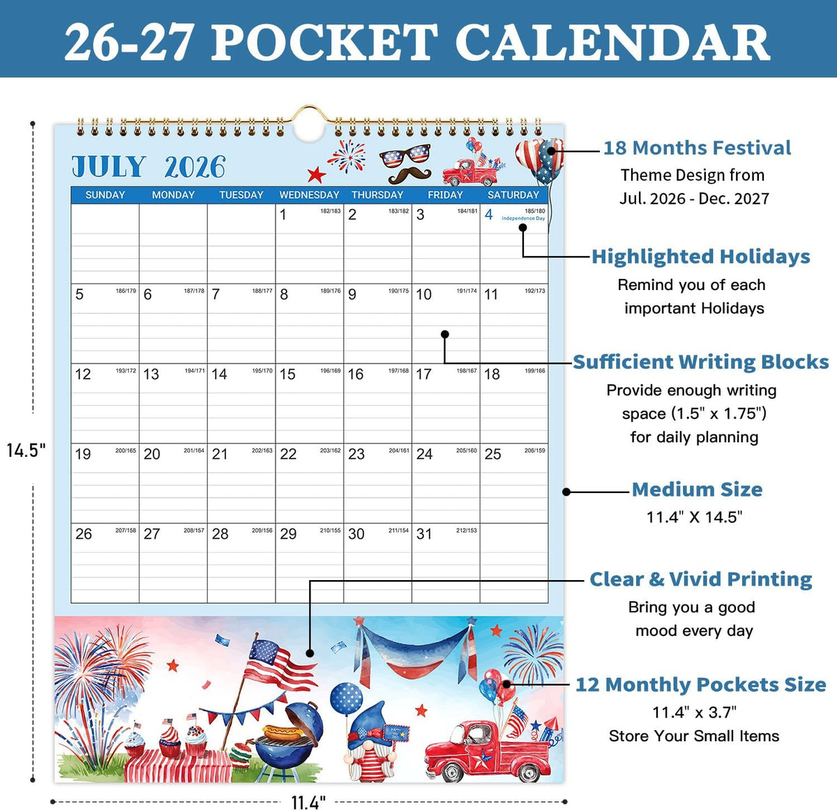 2027 Wall Calendar - 11.4" x 14.5", 18 Months from Jul. 2026 - Dec. 2027