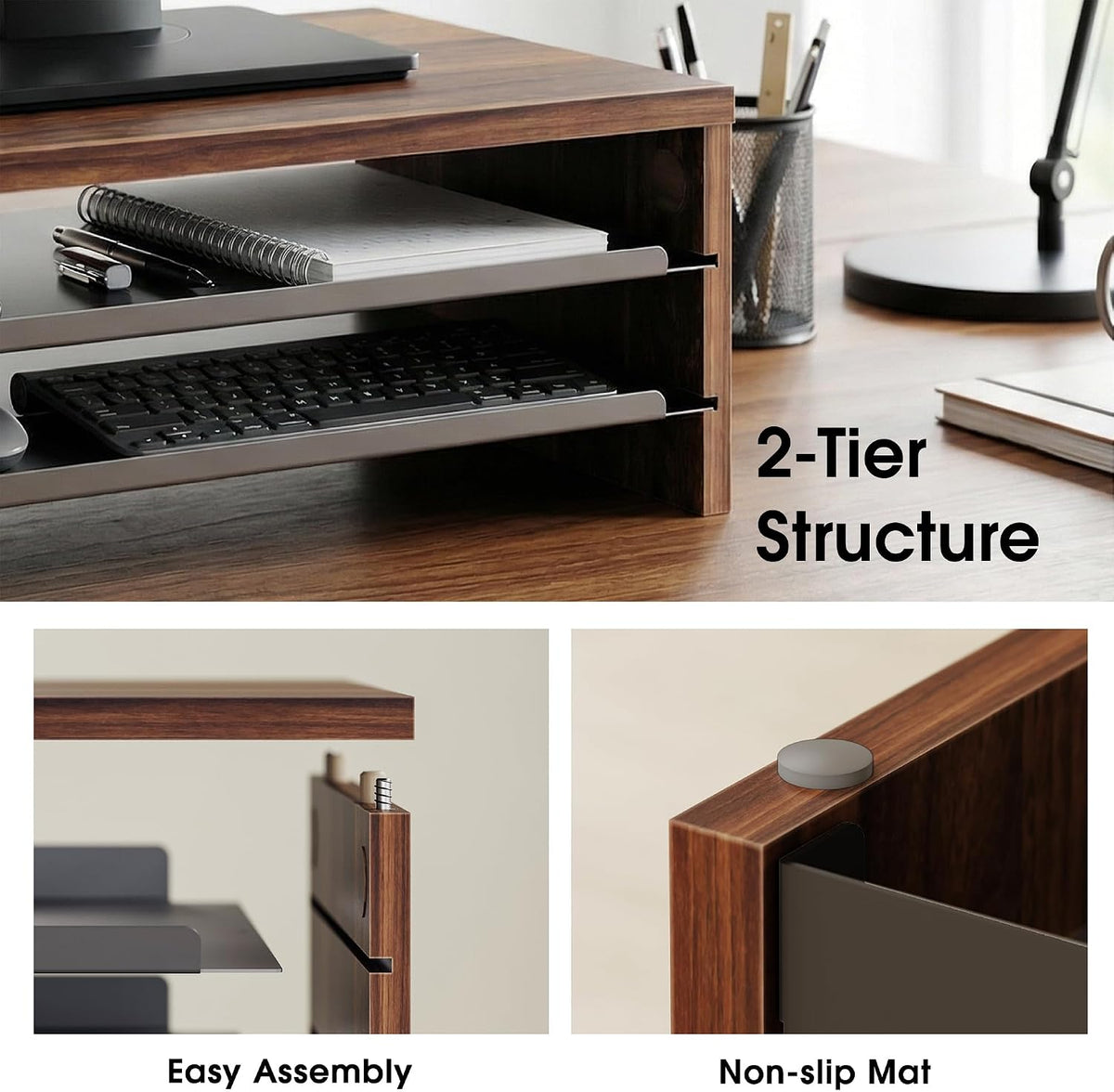 Fenge 14.3-Inch Monitor Stand with Slide-Out Trays, Wood & Metal Desk Shelf