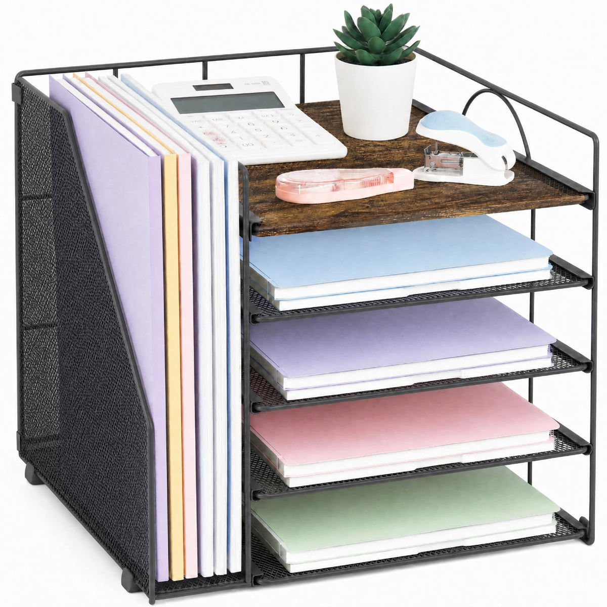 LEKETREE Wood Desk Organizer, 2-Tier Computer Monitor Stand Riser with Storage Drawer and 2 Pen Holders, Laptop & Printer Stand, Shelf for Top of Desk (Wood)