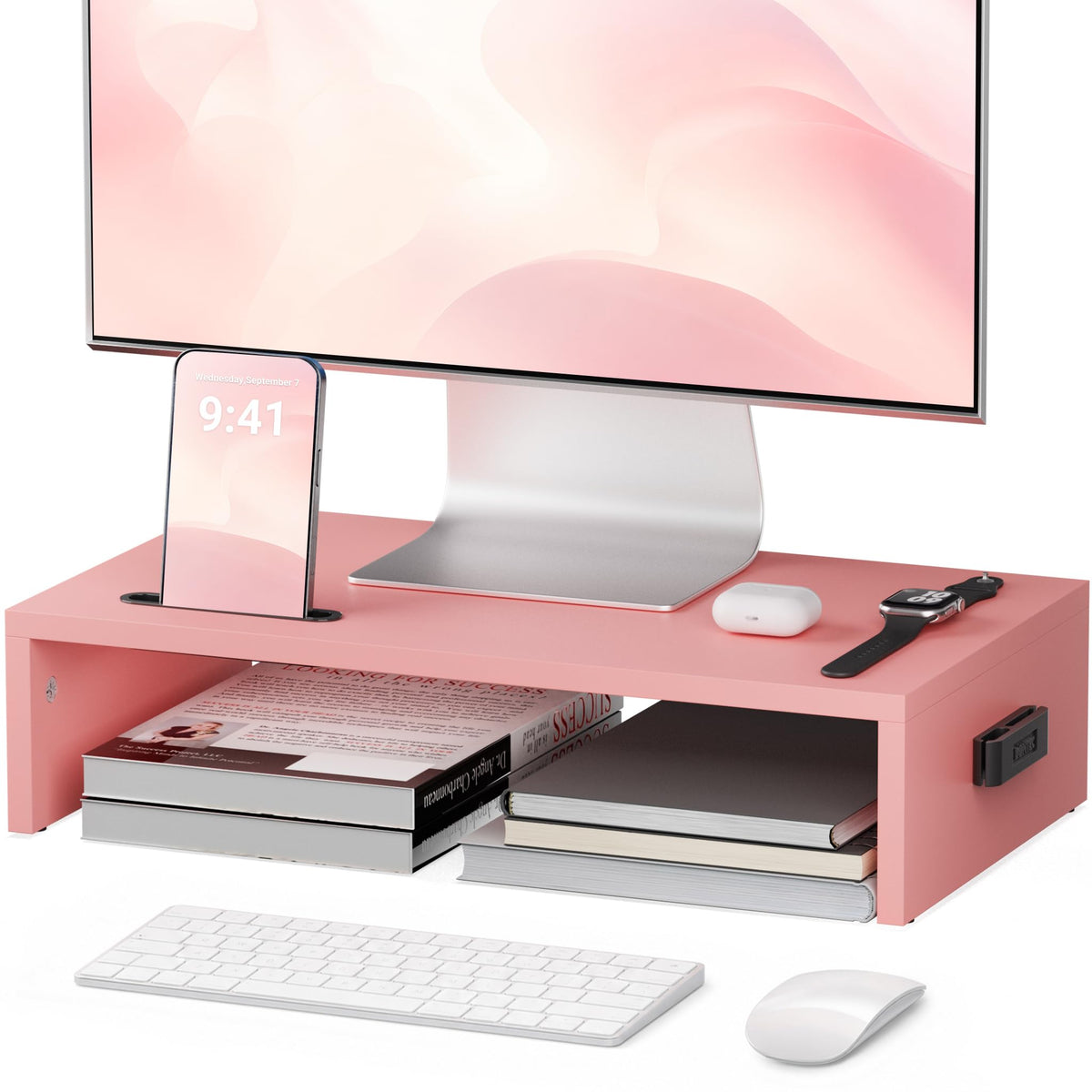 1home Monitor Stand Riser, 16.7 Inch Wood Monitor Riser Stand with Storage Organizer, Desktop Ergonomic Monitor Stand Riser with Cellphone Holder and Cable Management, Black
