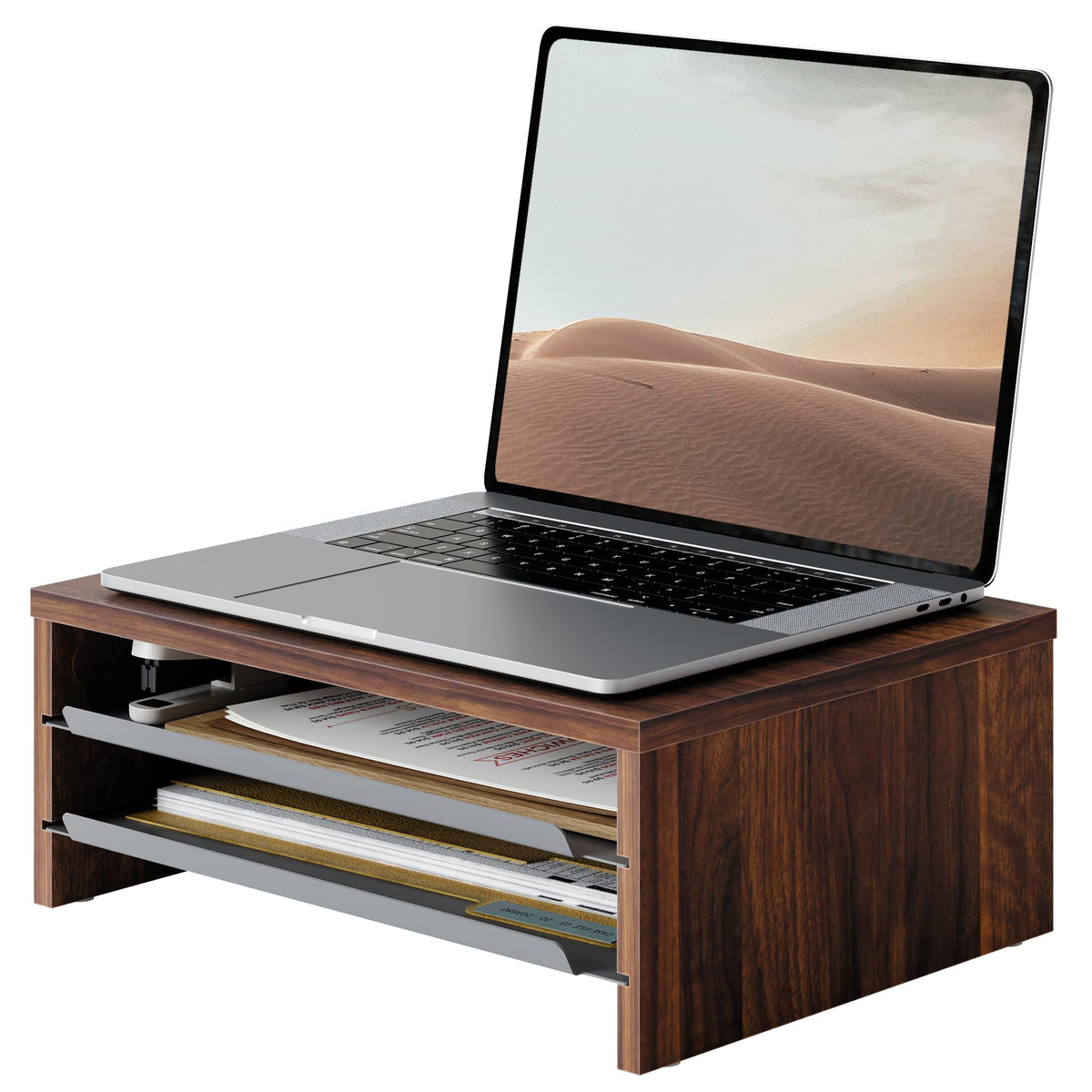 Fenge 14.3-Inch Monitor Stand with Slide-Out Trays, Wood & Metal Desk Shelf