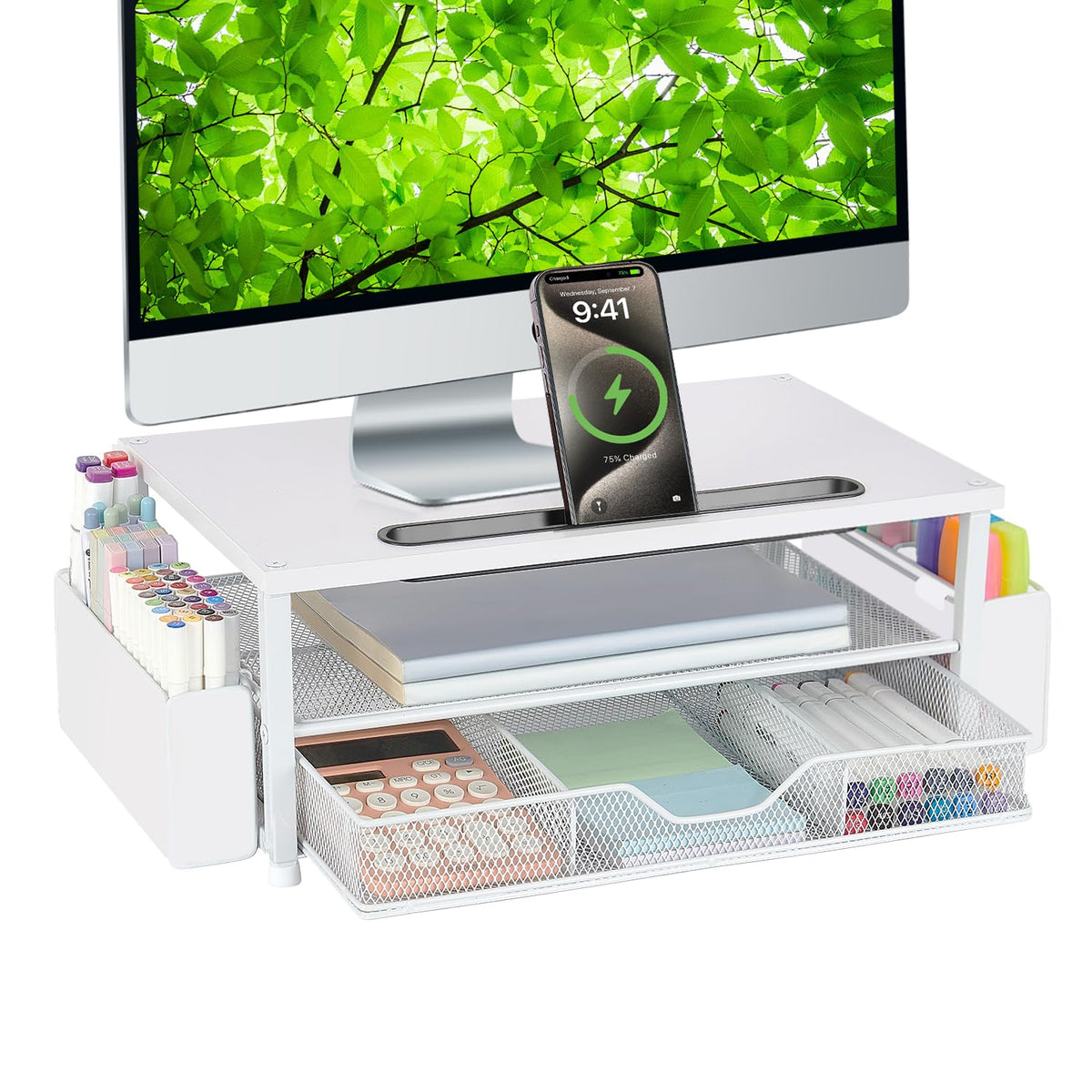 AUPSEN Wood Desk Organizers and Accessories, 2-Tier Computer Monitor Stand Riser with Drawer, Pen Storage & Phone Holder, Office Desk Accessories, Workspace Desktop Organization for Office Supplies（Brown）