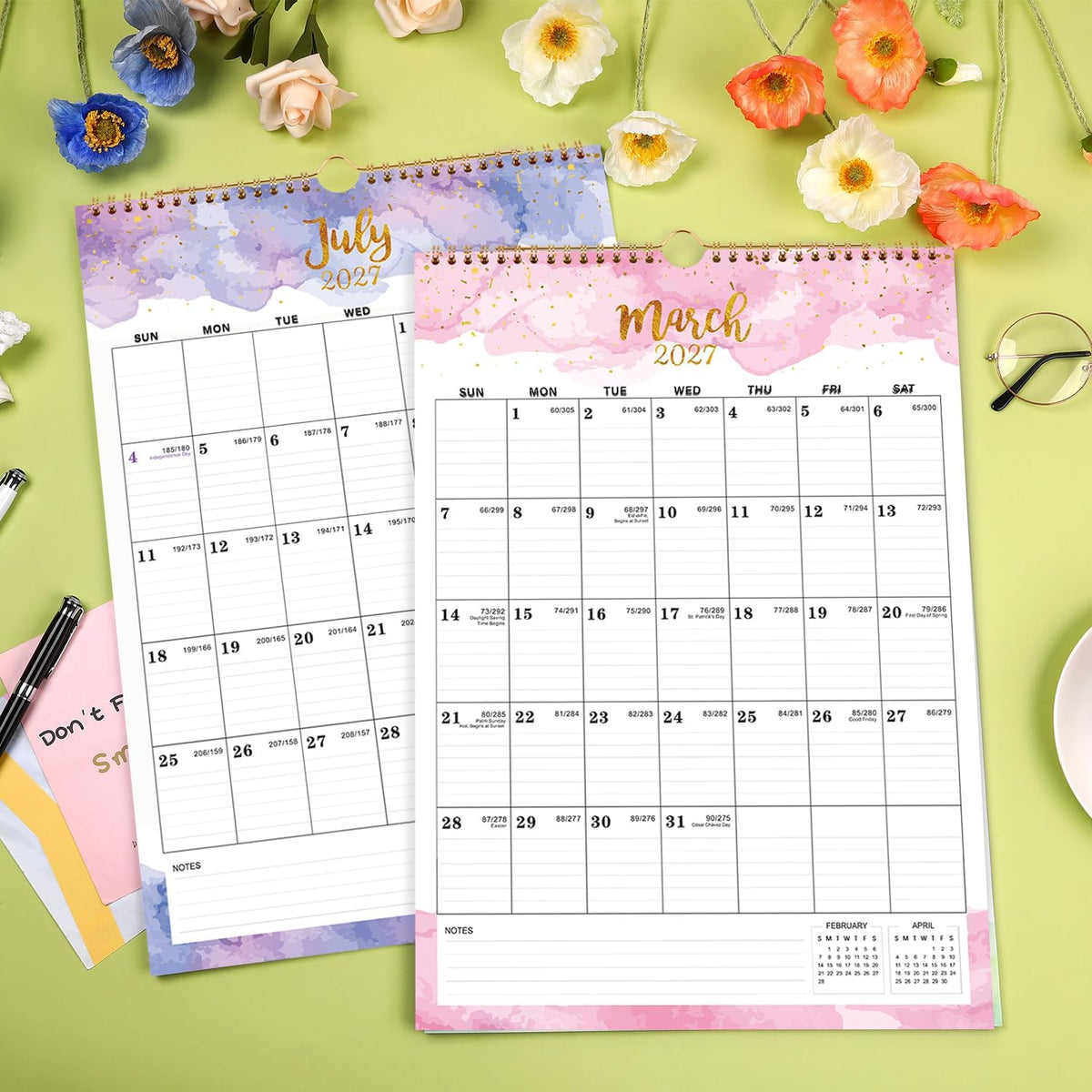 2027 Calendar - 2027 Wall Calendar, Jan 2027 - Dec 2027, 12" x 17", 12 Months Calendar, Twin-Wire Binding, Hanging Hook, Blocks and Julian Dates - Colorful Waterink