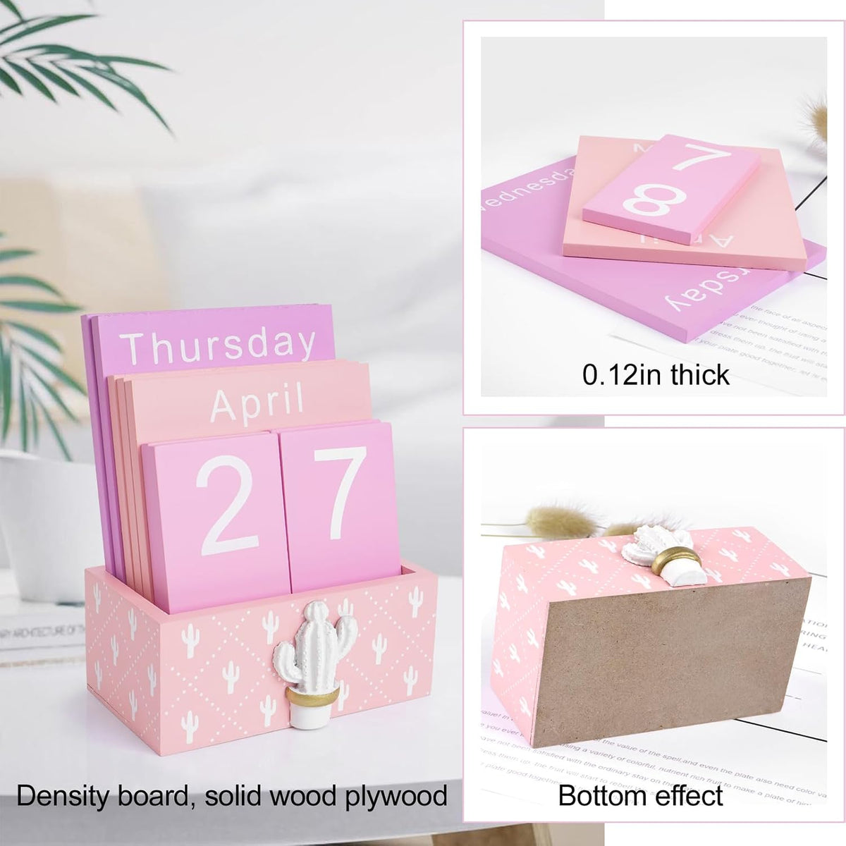 Notakia Perpetual Calendar Wooden Blocks Vintage Wood Block Calendar for Home Office Desk Accessories Week Month Date Display (Pink Calendar)