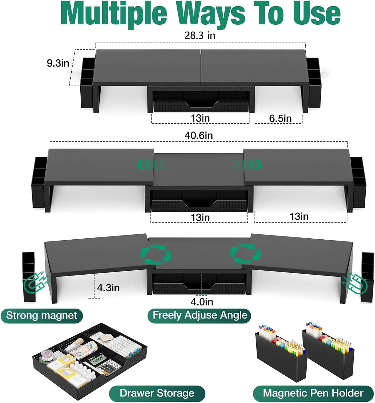 OPNICE Desk Organizer and Accessories, Computer Monitor Stand Riser with Drawer and 2 Pen Holders, Laptop Stand, Office Desk Accessories for Office Supplies, Black