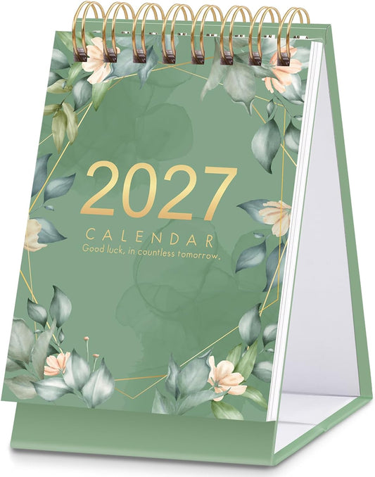 Mini Desk Calendar 2026-2027, Aug 2026-Dec 2027, 17-Month, 4.7" x 3", Green