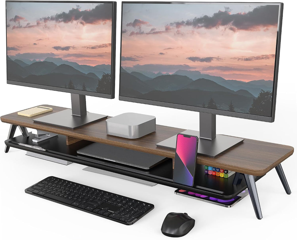 Fenge Dual Monitor Stand Riser, Wooden Desk Shelf with 2-Tier Storage