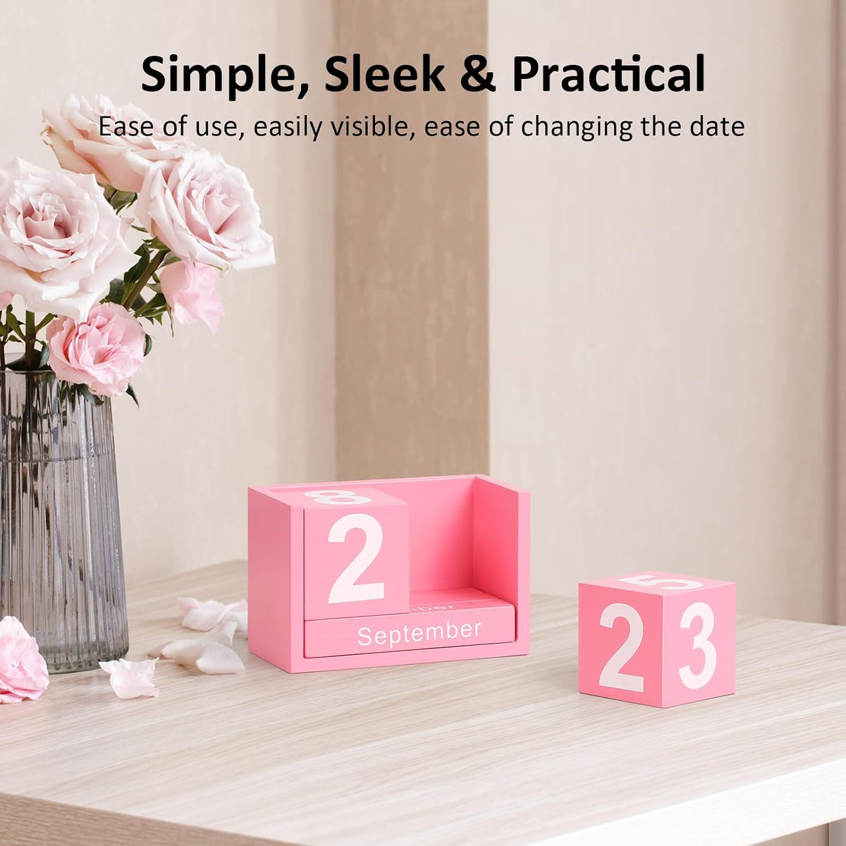 Wooden Block Calendar for Desk, Small Size Daily Desktop Perpetual Desk Calendar, Cute Date Display Desk Accessories for Home Office Decor, Teacher, Classroom, Reusable Yearly, Pink