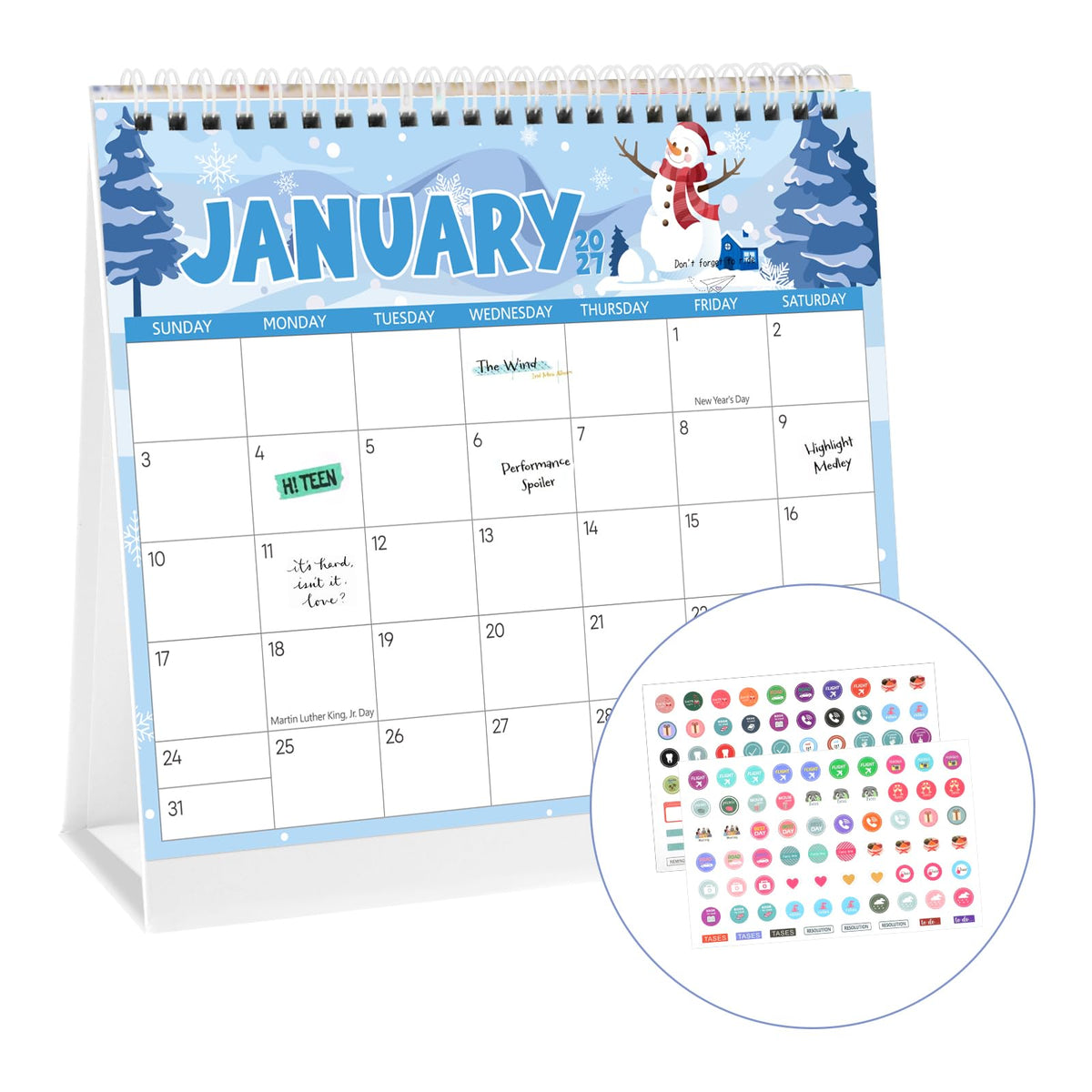 2026-2027 Mini Desk Calendar with Stickers, 8" x 6" 18 Months Festival Watercolor