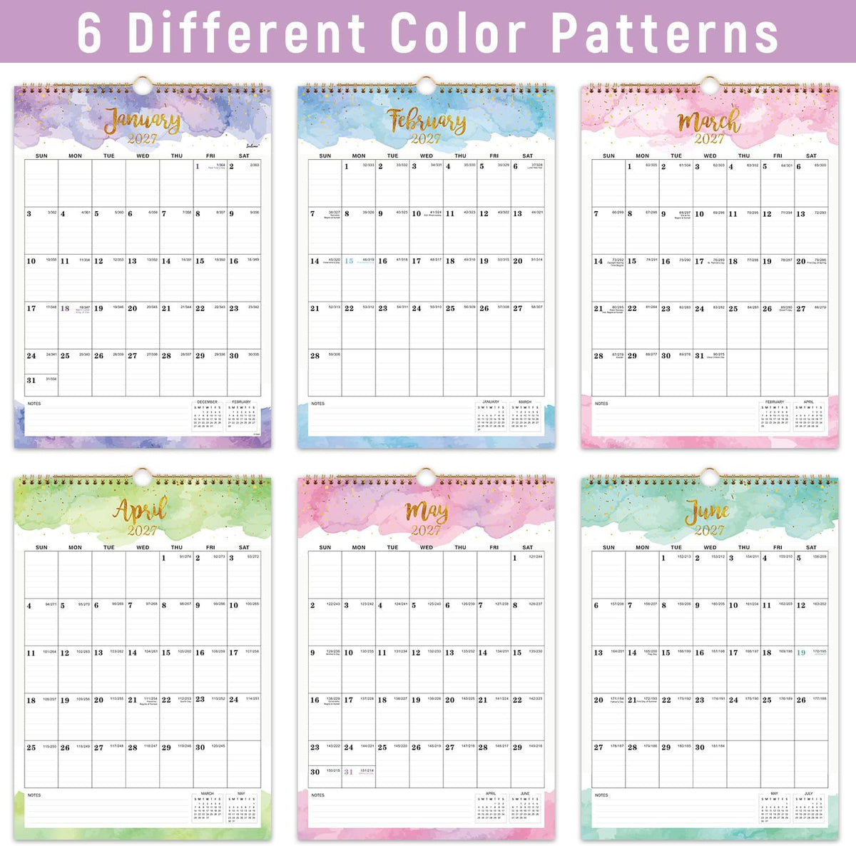 2027 Calendar - 2027 Wall Calendar, Jan 2027 - Dec 2027, 12" x 17", 12 Months Calendar, Twin-Wire Binding, Hanging Hook, Blocks and Julian Dates - Colorful Waterink