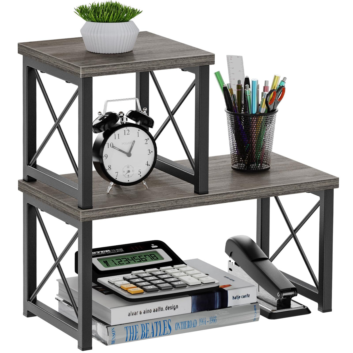 Honiter 2 Sets Desk Shelf, Desktop Organizer Shelf, 2 Tier Independent Stackable Desktop Shelves, Desktop Office Storage Rack Display Shelf