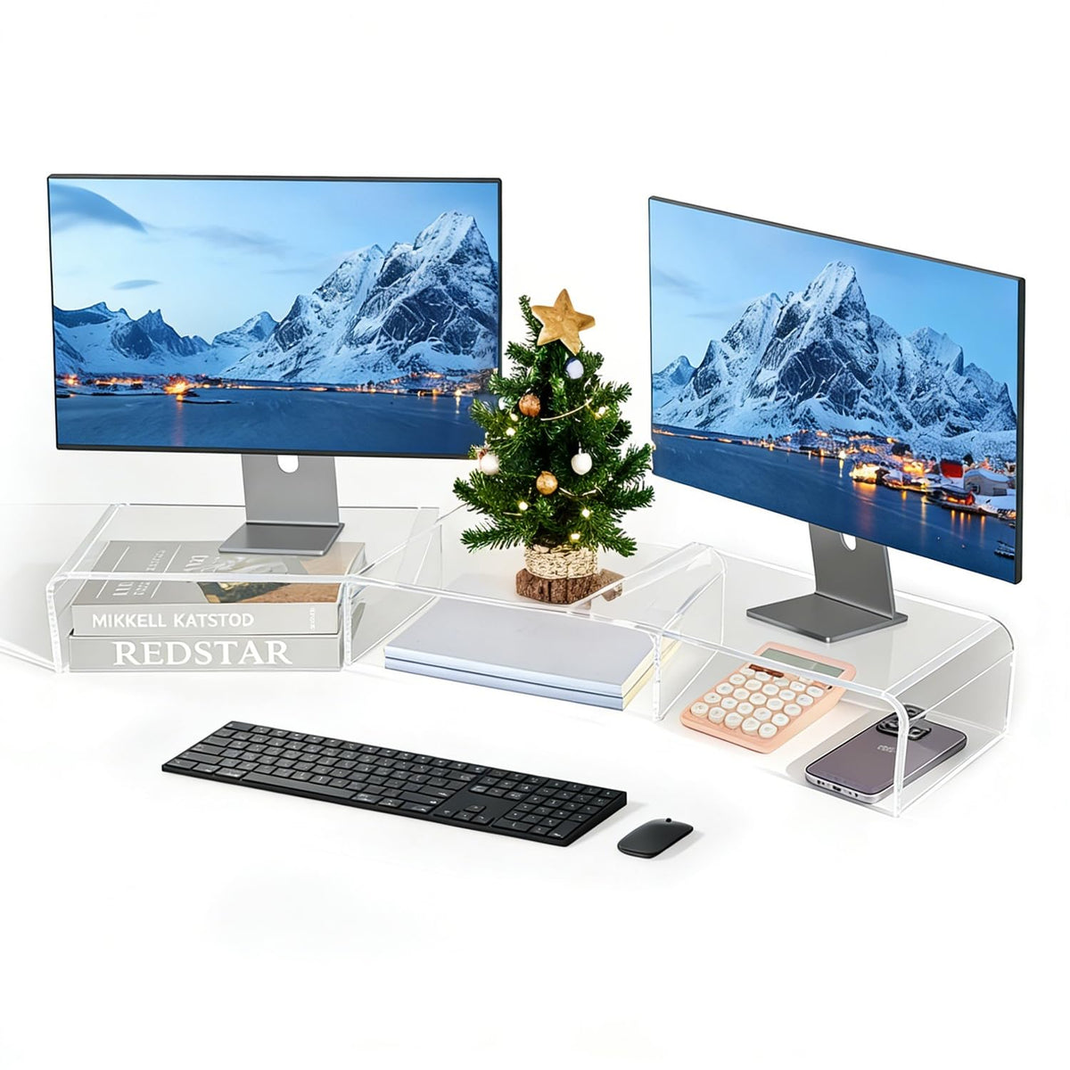 LEKETREE Dual Monitor Stand Riser with Drawer and 2 Pen Holders, Pink