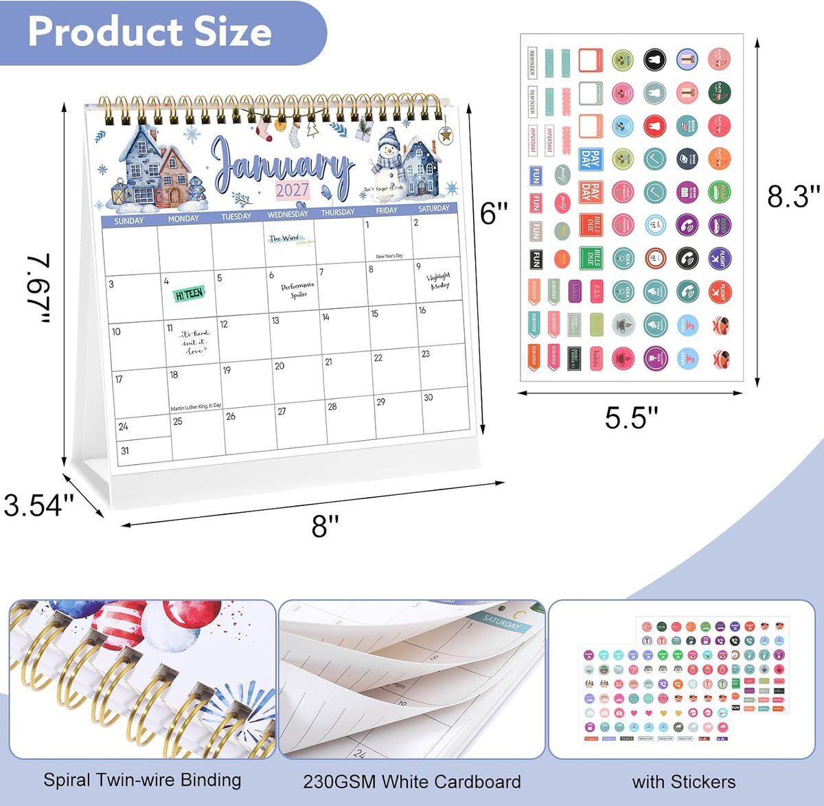 2026-2027 Mini Desk Calendar with Stickers, 8" x 6" 18 Months Festival Watercolor