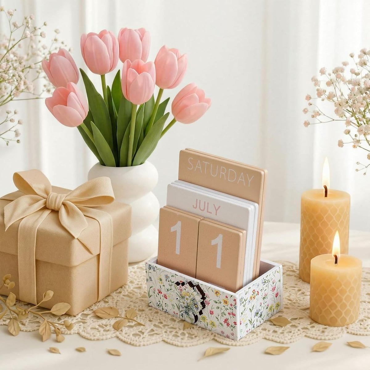 AceOrbit Wildflower Wood Block Perpetual Calendar Coquette Desk Decor