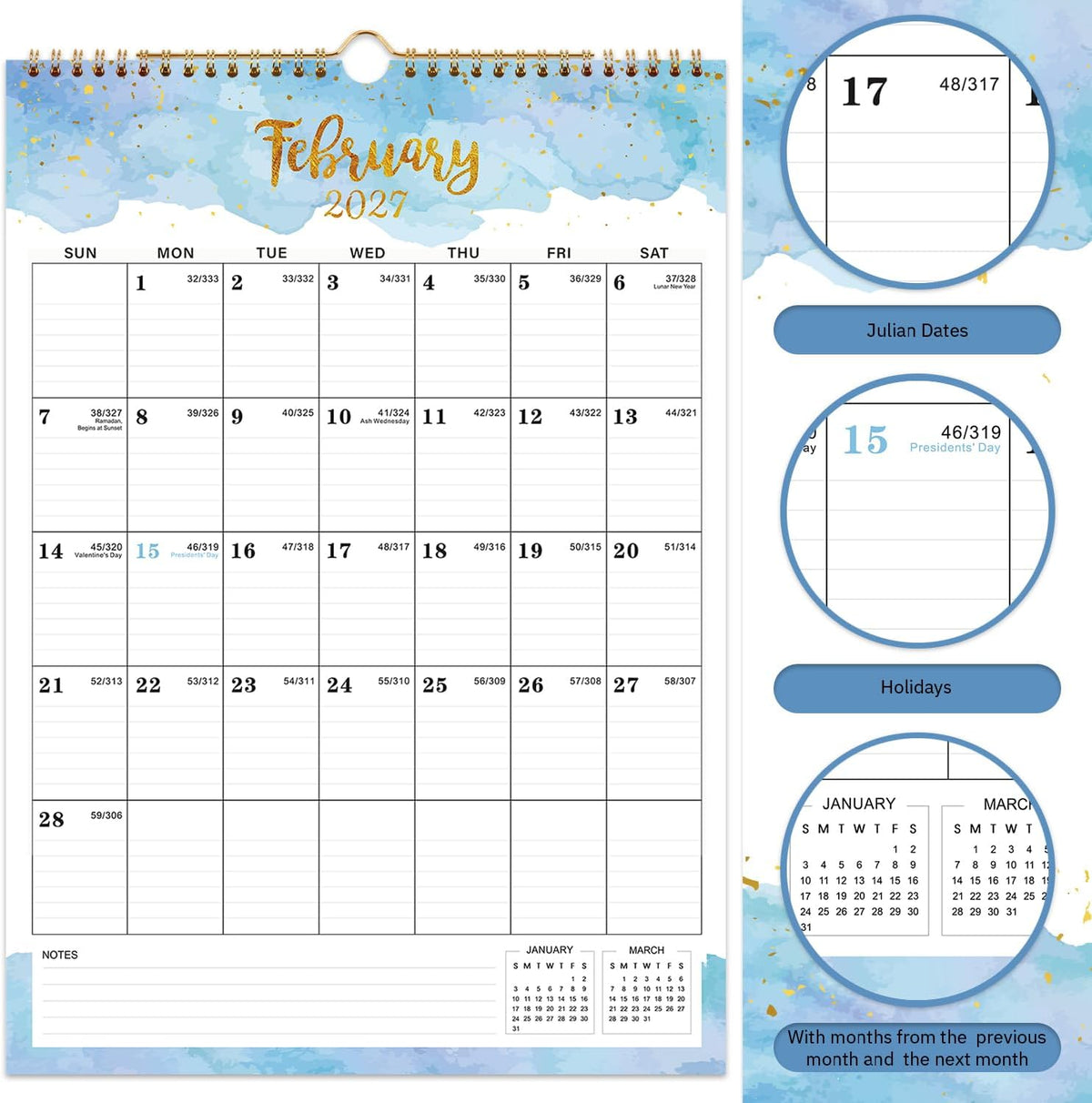 2027 Calendar - 2027 Wall Calendar, Jan 2027 - Dec 2027, 12" x 17", 12 Months Calendar, Twin-Wire Binding, Hanging Hook, Blocks and Julian Dates - Colorful Waterink