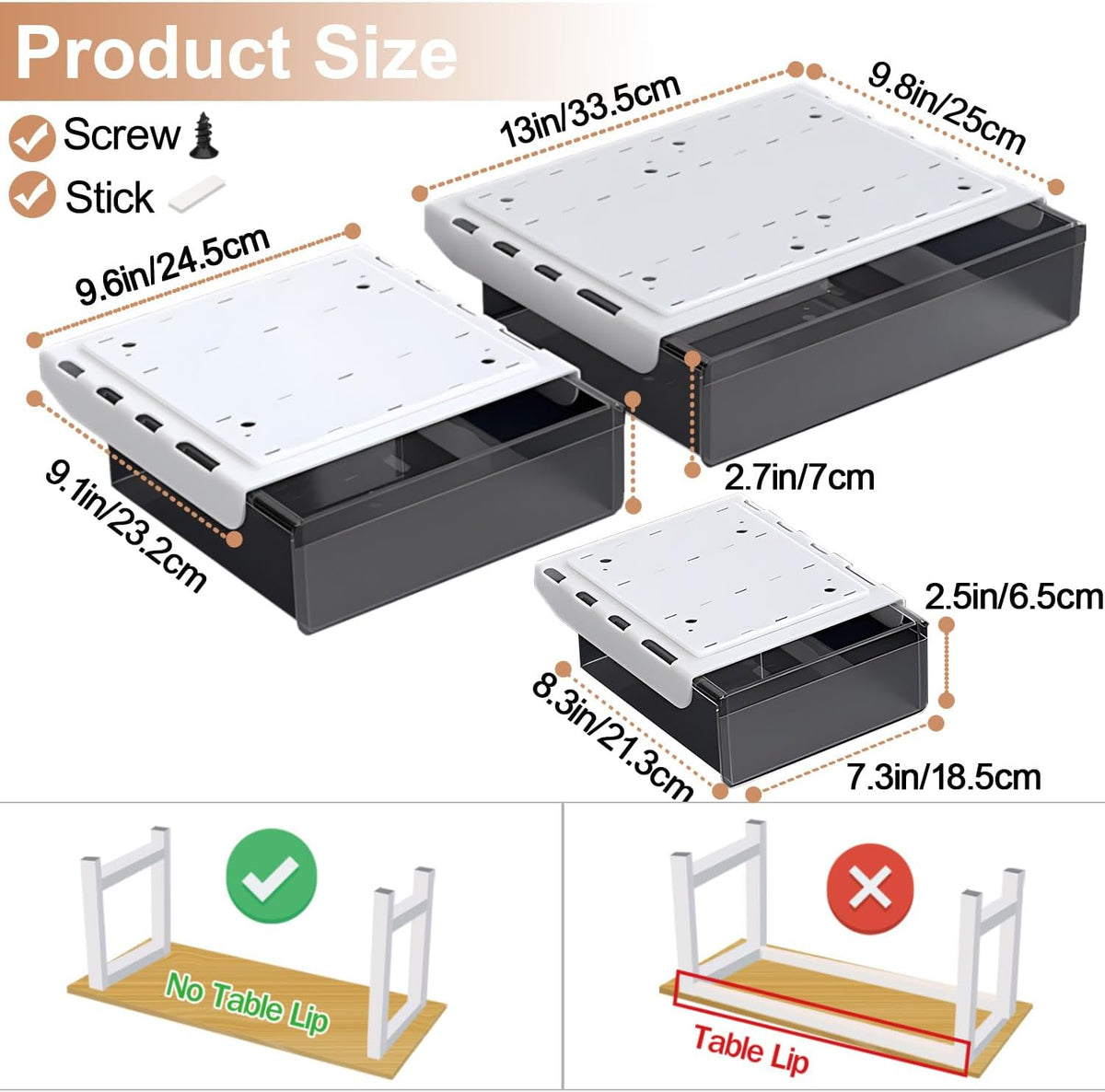 SVNNELP Under Desk Table Drawer Storage Organizer,3 Pack Large & Medium & Small Slide Out Desk Drawers - Hidden Desktop Organizer,Attachable Pencil Storage Tray Under Table(SML)