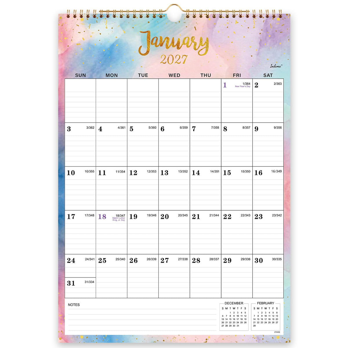 2027 Calendar - 2027 Wall Calendar, Jan 2027 - Dec 2027, 12" x 17", 12 Months Calendar, Twin-Wire Binding, Hanging Hook, Blocks and Julian Dates - Colorful Waterink