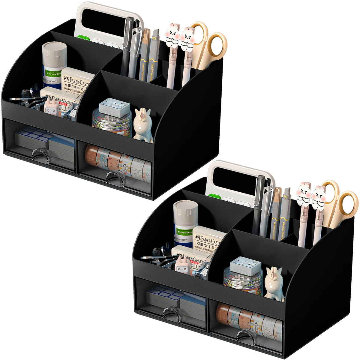 COMFYROOM Desk Organizer with 6 Compartments and 2 Drawers, Plastic Makeup Organizer, Pen Holder for Desktop Storage, Desk Organization for School, Home, Office Supplies (Black)