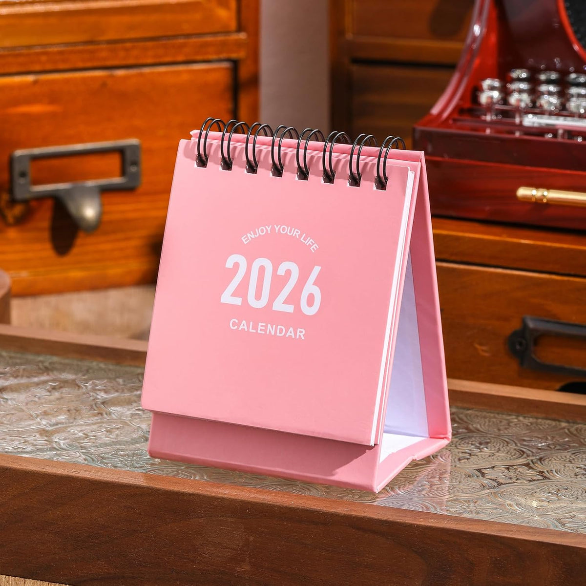 Mini Desk Calendar 2027-2028 - Jan 2027 to June 2028 Small Desktop Calendar Mini Daily Schedule Thick Paper Twin-Wire Binding with Stickers for Home Office School (Mini Pink)