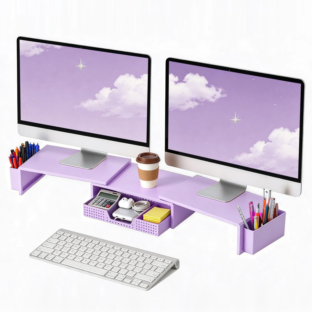 LEKETREE Dual Monitor Stand Riser with Drawer and 2 Pen Holders, Pink