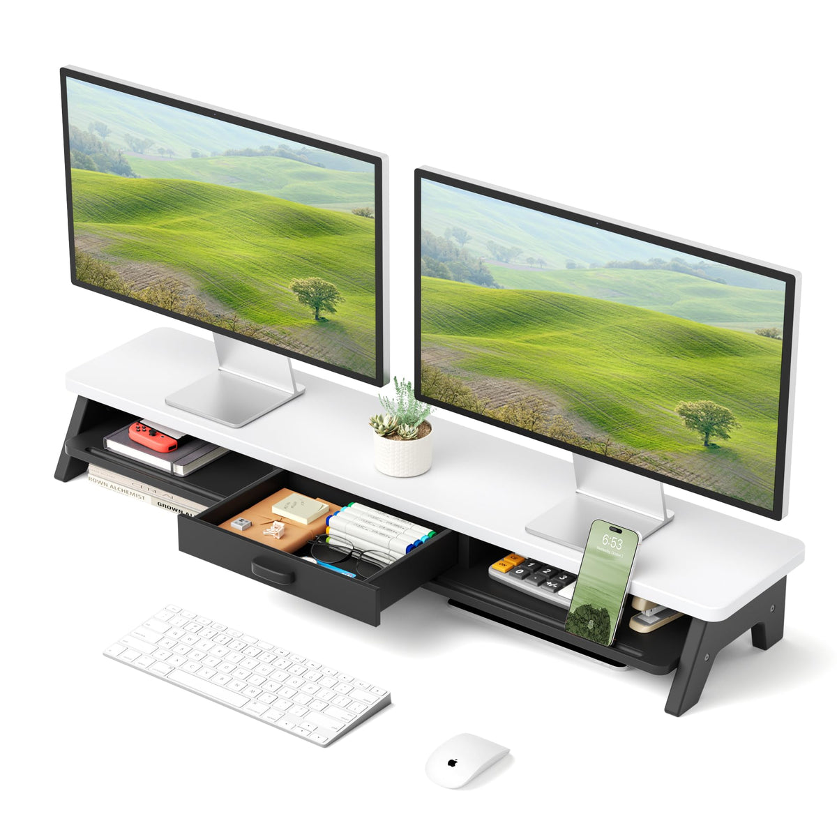 Dual Monitor Stand Riser, 39.4 Inch Large Monitor Stand with Storage Shelf, 2-Tier Desk Organizer for PC, Laptop, Printer | 2 Slots for Phone/Tablet, Computer Monitor Riser, Wood Desk Shelf for TV