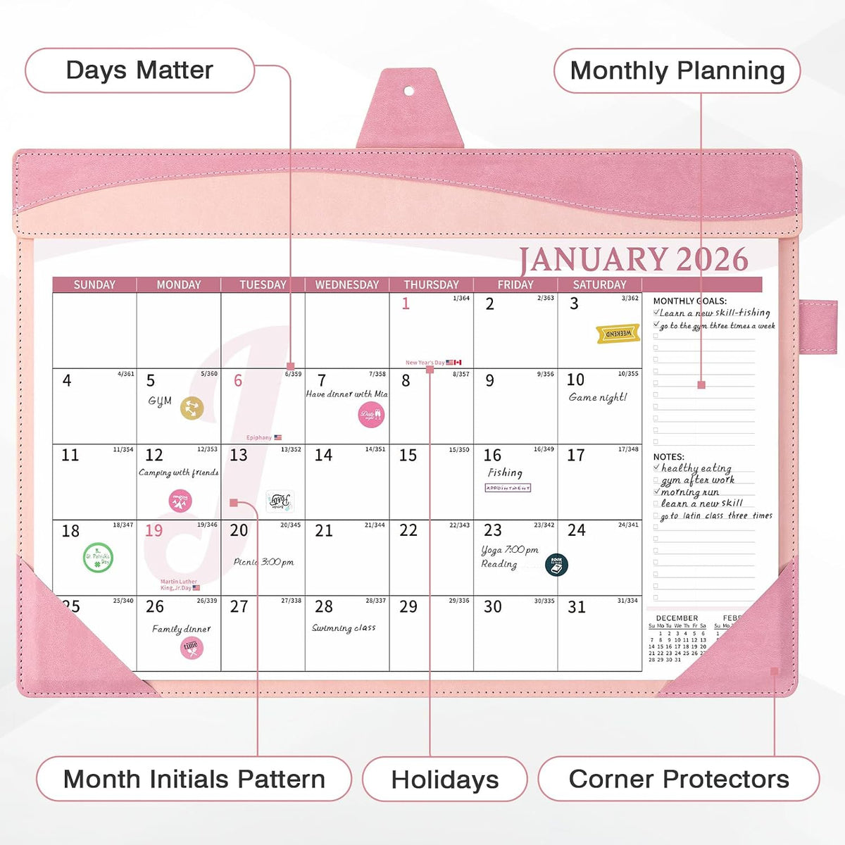 Ospelelf Desk Calendar 2026-2027 with Storage Pocket Protective Cover Large 12"x17" Leather Monthly Wall Planner Pad 18 Months January 2026 - June 2027 Pink