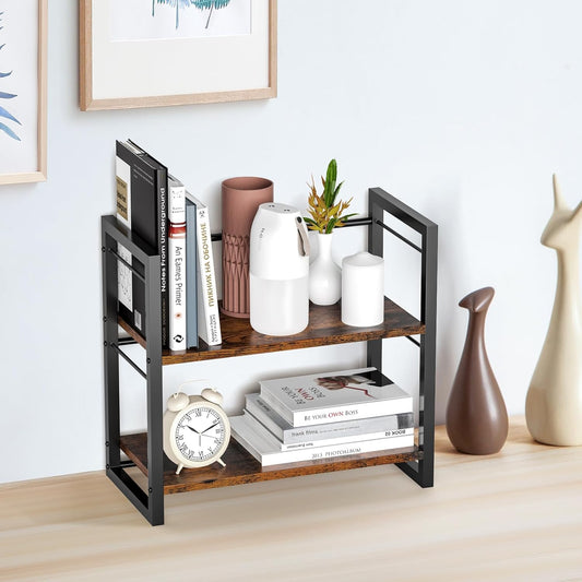 Office Desk Shelf Organizer, Wood Desktop Bookshelf Supplies Storage Rack, Shelf for Top of Desk and Dresser (Brown-2 Tier)