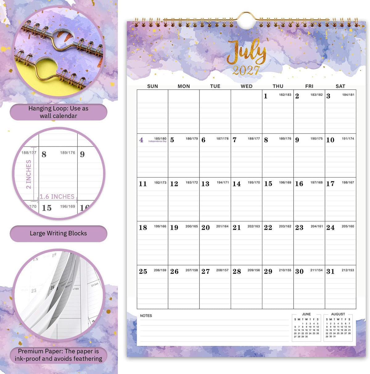 2027 Calendar - 2027 Wall Calendar, Jan 2027 - Dec 2027, 12" x 17", 12 Months Calendar, Twin-Wire Binding, Hanging Hook, Blocks and Julian Dates - Colorful Waterink
