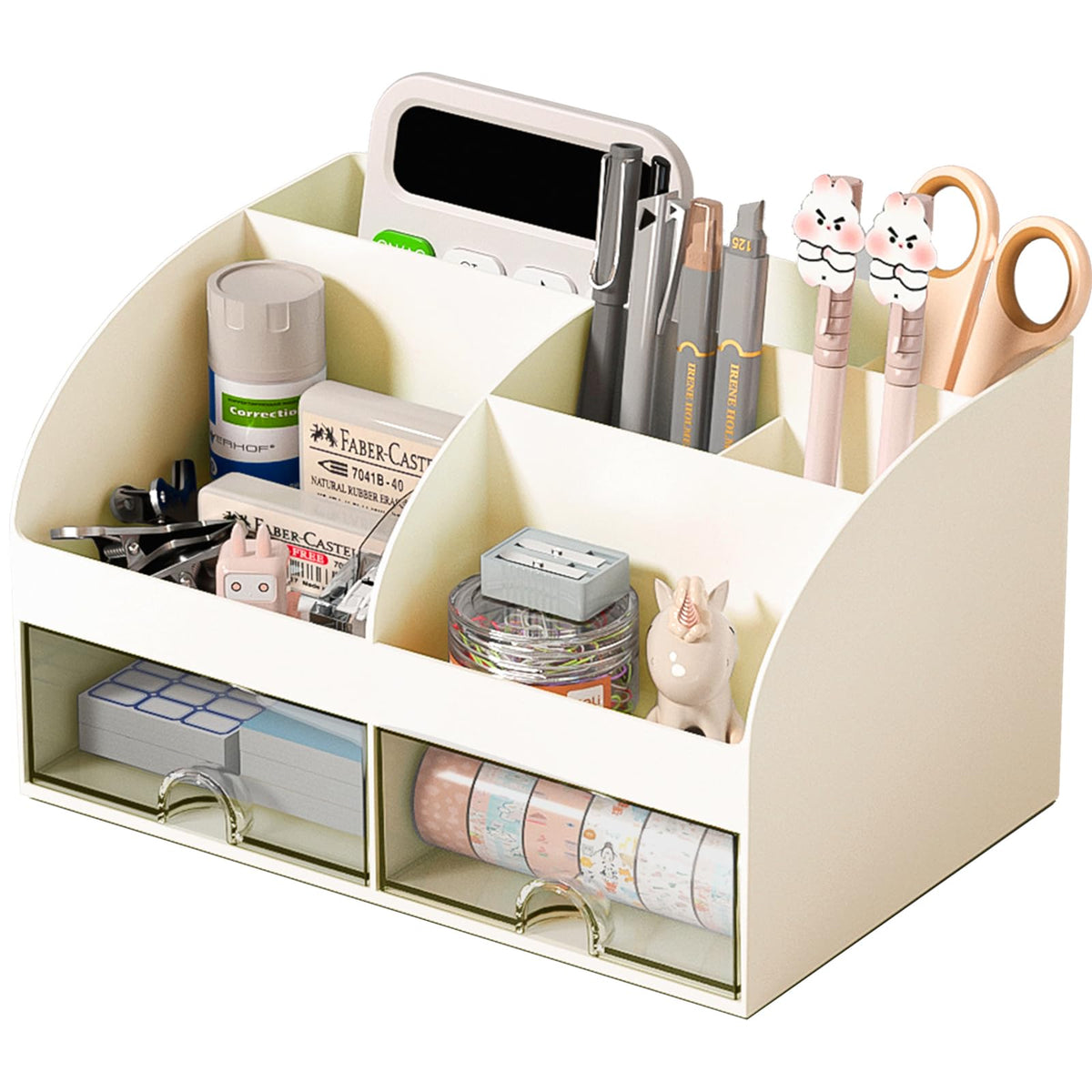 COMFYROOM Desk Organizer with 6 Compartments and 2 Drawers, Plastic Makeup Organizer, Pen Holder for Desktop Storage, Desk Organization for School, Home, Office Supplies (Black)
