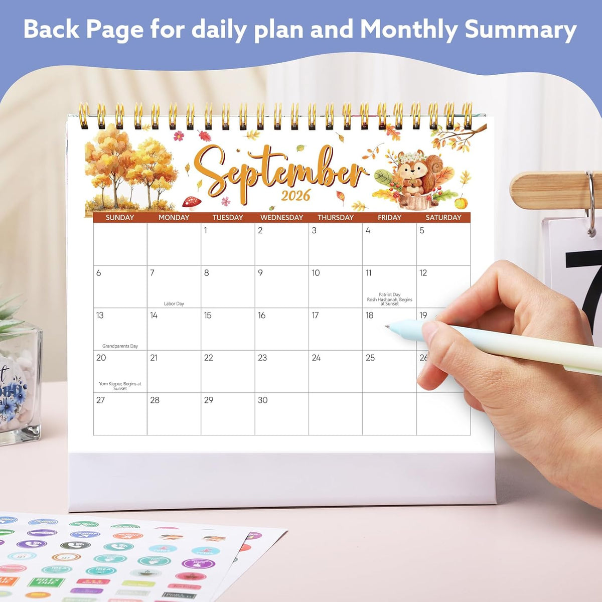 2026-2027 Mini Desk Calendar with Stickers, 8" x 6" 18 Months Festival Watercolor