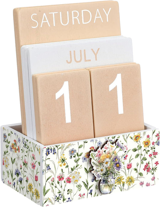 AceOrbit Wildflower Wood Block Perpetual Calendar Coquette Desk Decor