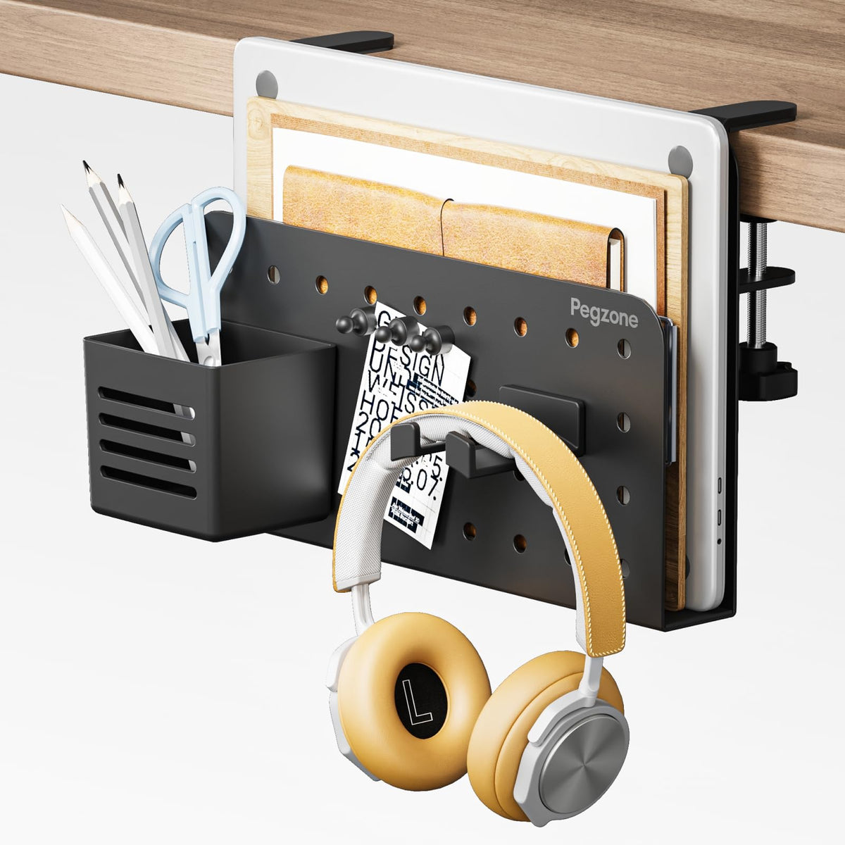 PEGZONE Desk Side Storage Organizer, Fits Flat Edge 0.4" to 2.2", White