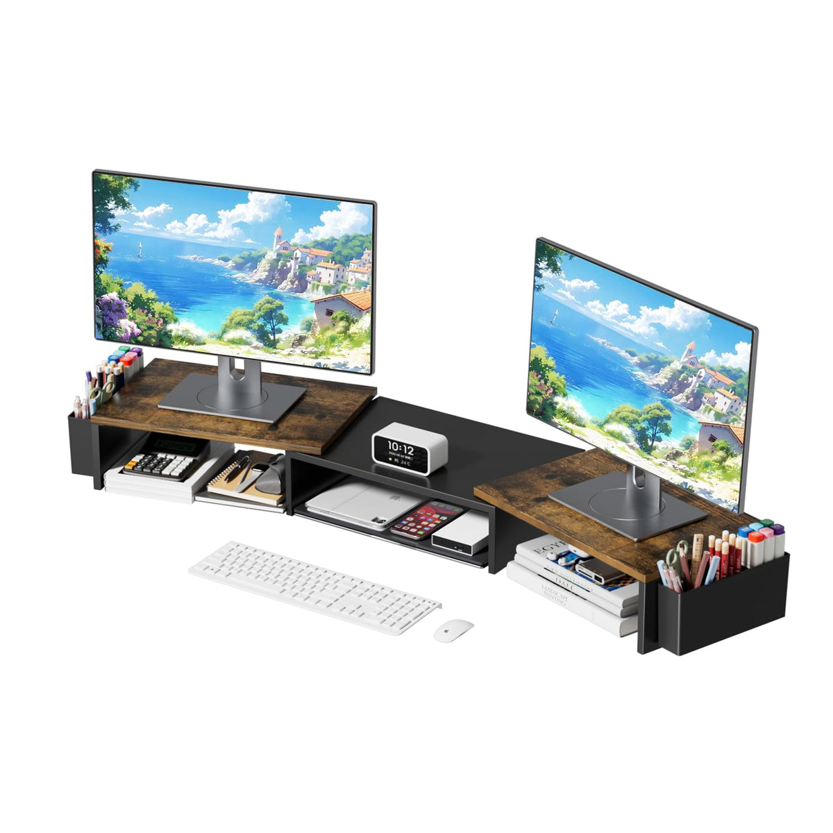 AUPSEN Wood Desk Organizers and Accessories, 2-Tier Computer Monitor Stand Riser with Drawer, Pen Storage & Phone Holder, Office Desk Accessories, Workspace Desktop Organization for Office Supplies（Brown）