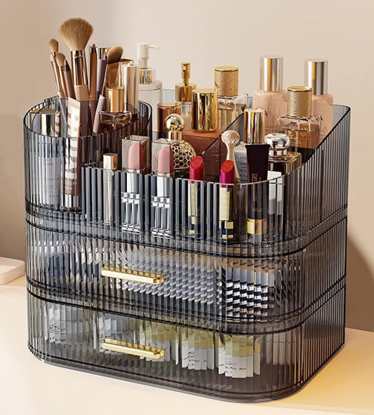 Large Makeup Organizer with Drawers, 360° Rotating Brush Holder