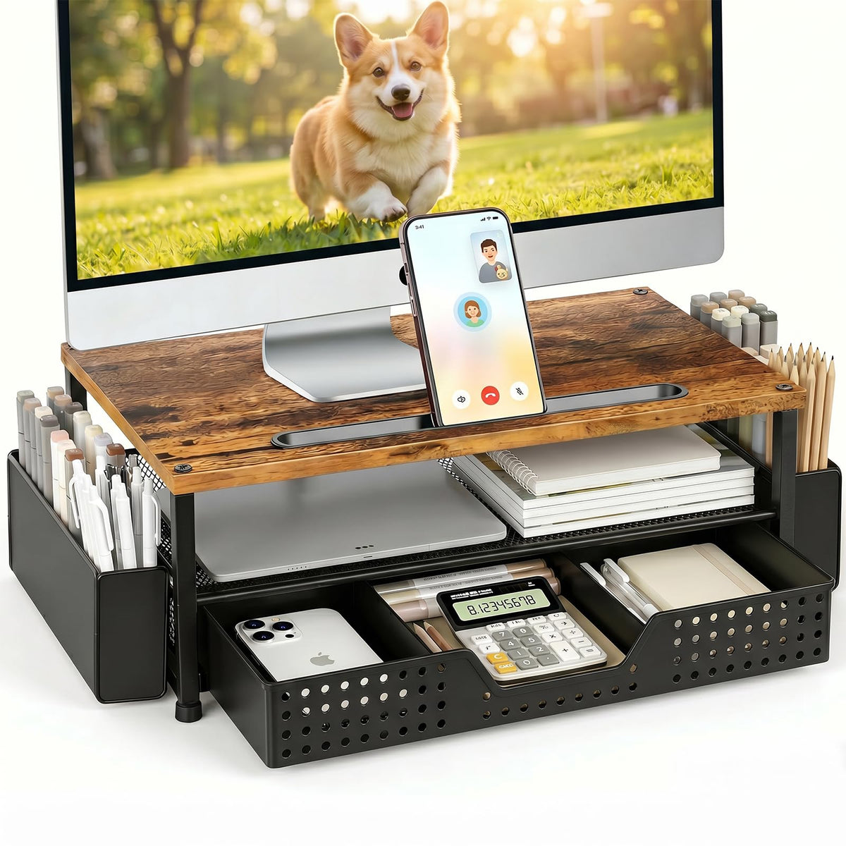 ECOLOVI Desk Organizer and Accessories, 2-Tier Computer Monitor Stand Rise with Storage Drawer & 2 Pen Holders, Laptop & Printer Stand for Desktop, Workspace Organizers for Office Supplies (Brown)