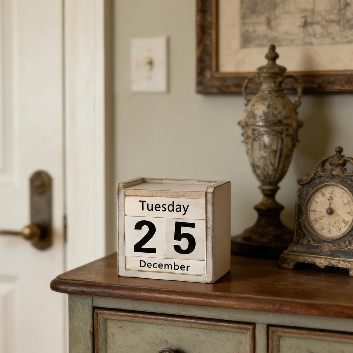 Wooden Perpetual Block Calendar Rustic Retro Desk Calendar for Teachers Students Classroom Office Accessories Farmhouse Entryway Bookshelf Decoration Coffee Table Decor