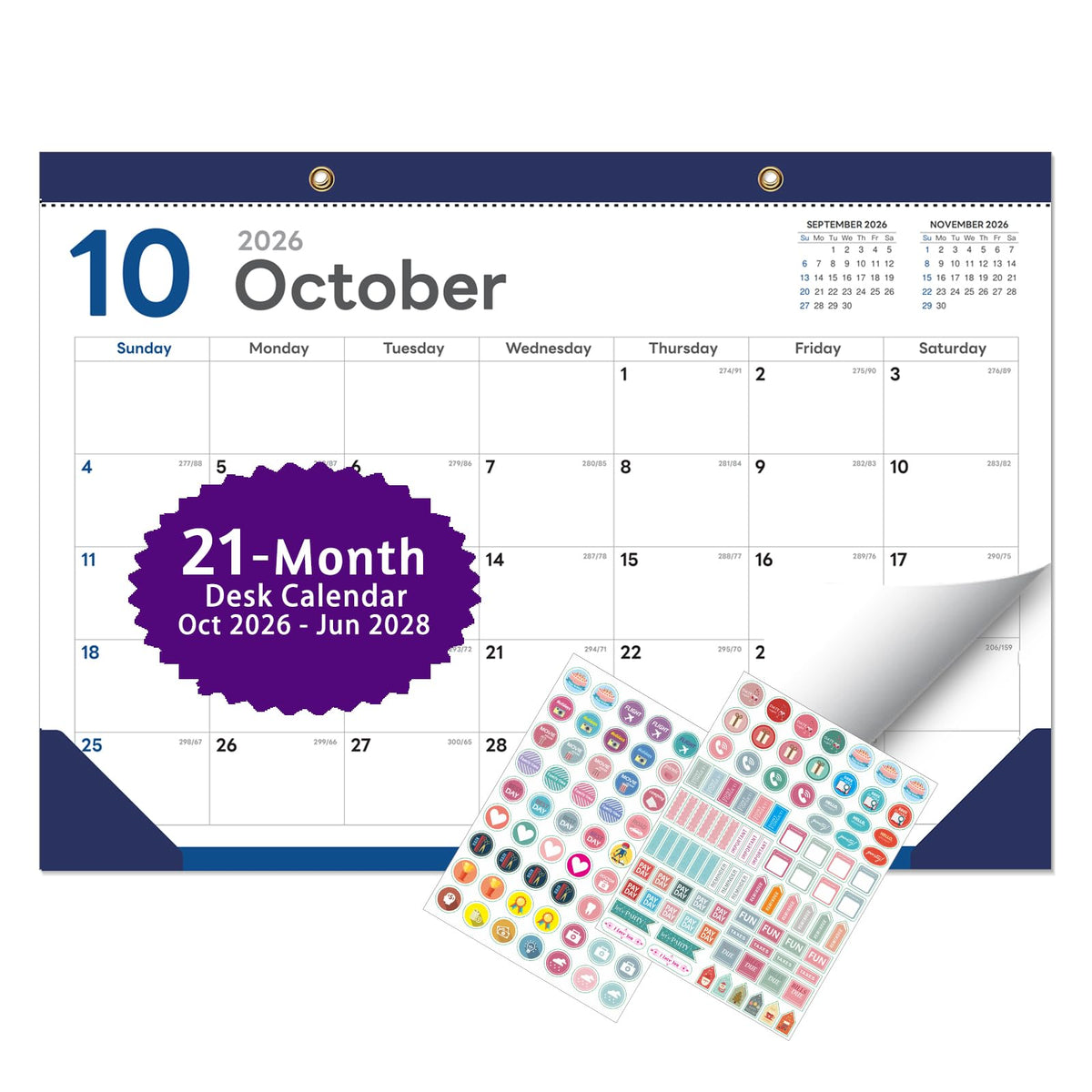 Desk Calendar 2026-2027, 18 Months, Jul 2026-Dec 2027, 17x12 Inch, Navy