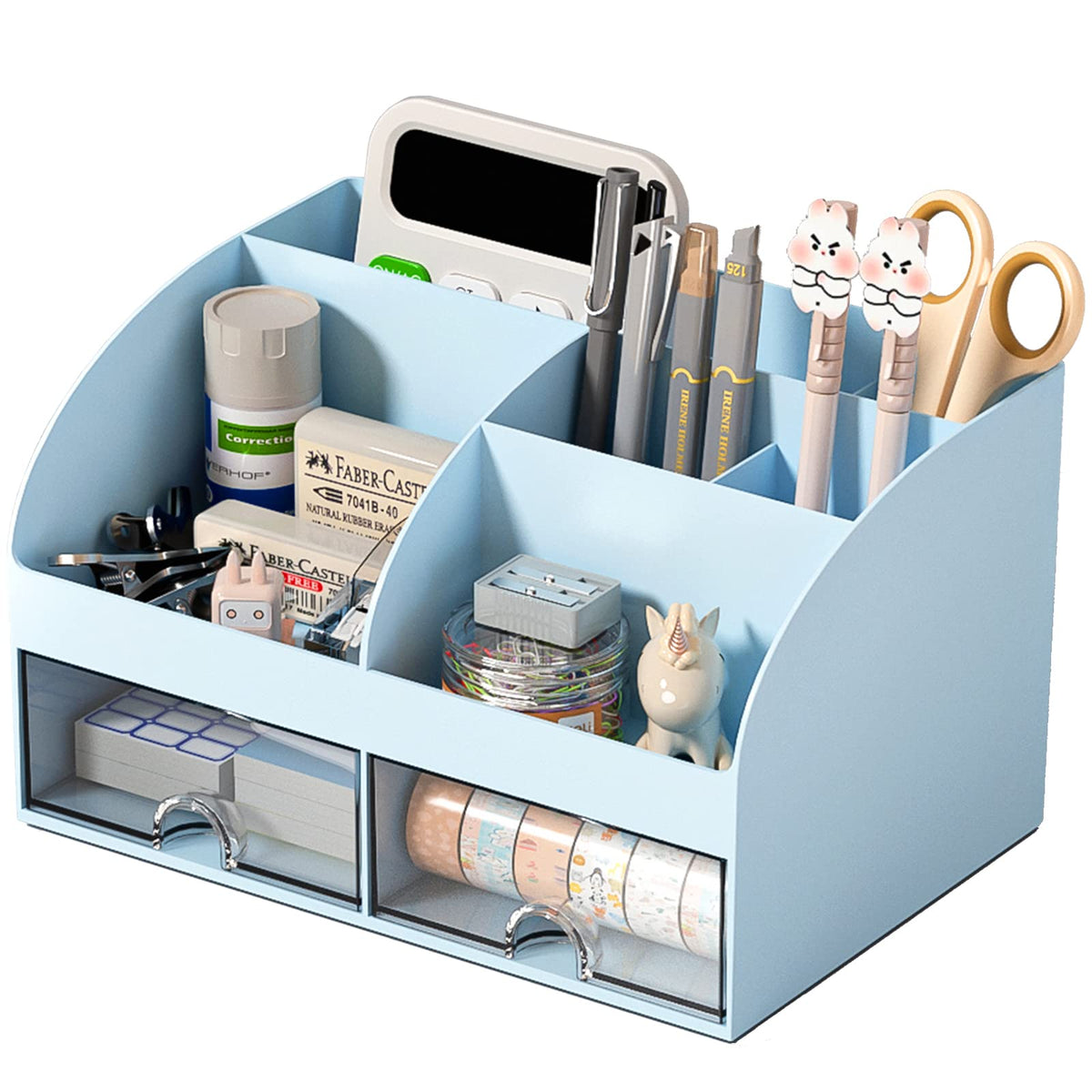 COMFYROOM Desk Organizer with 6 Compartments and 2 Drawers, Plastic Makeup Organizer, Pen Holder for Desktop Storage, Desk Organization for School, Home, Office Supplies (Black)