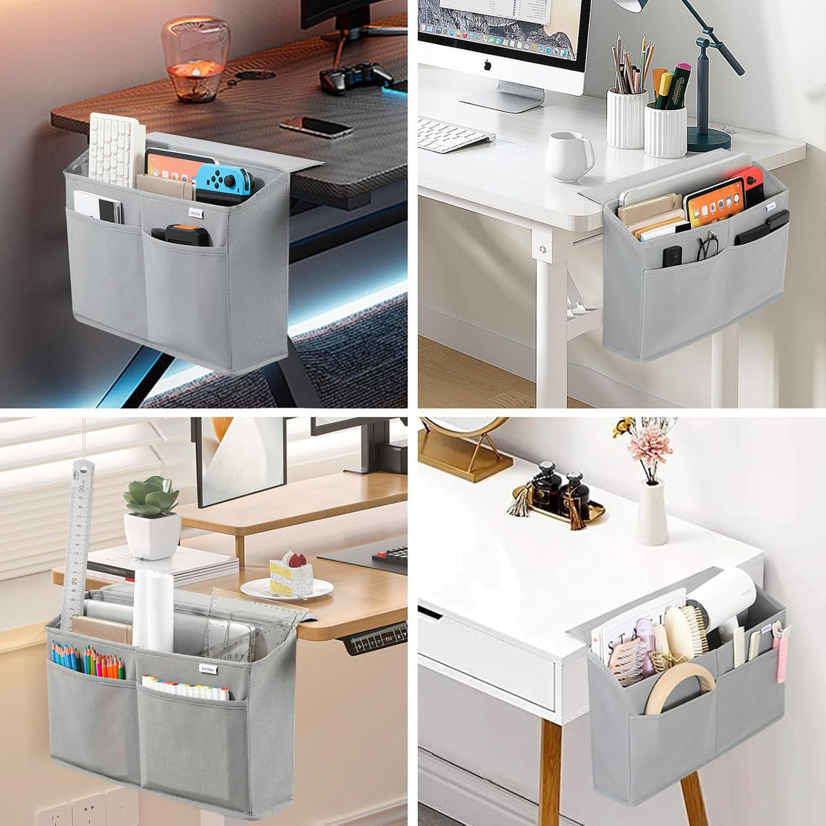 Desk Side Hanging Organizer, Adhesive Storage Bag with Pockets for Magazine Ipad Notebook, for End Tables Home Office Desks Computer Workstations Dressing Table, Grey