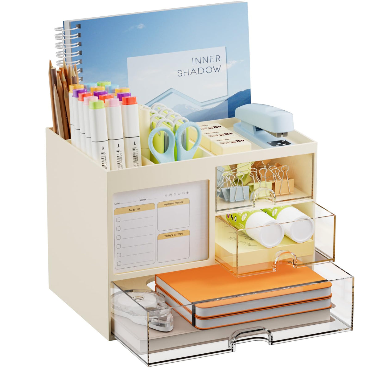 Marbrasse Desk Organizer with 3 Drawer, Multi-Functional Pencil Pen Holder for Desk, Desk Organizers and Accessories with 4 Compartments, Desktop Organizer Storage for Office Home Art Supplies (White)