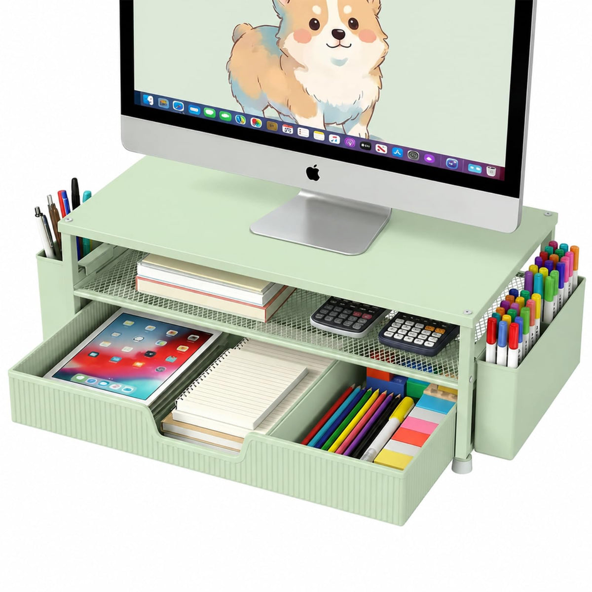 ECOLOVI Desk Organizer and Accessories, 2-Tier Computer Monitor Stand Rise with Storage Drawer & 2 Pen Holders, Laptop & Printer Stand for Desktop, Workspace Organizers for Office Supplies (Brown)