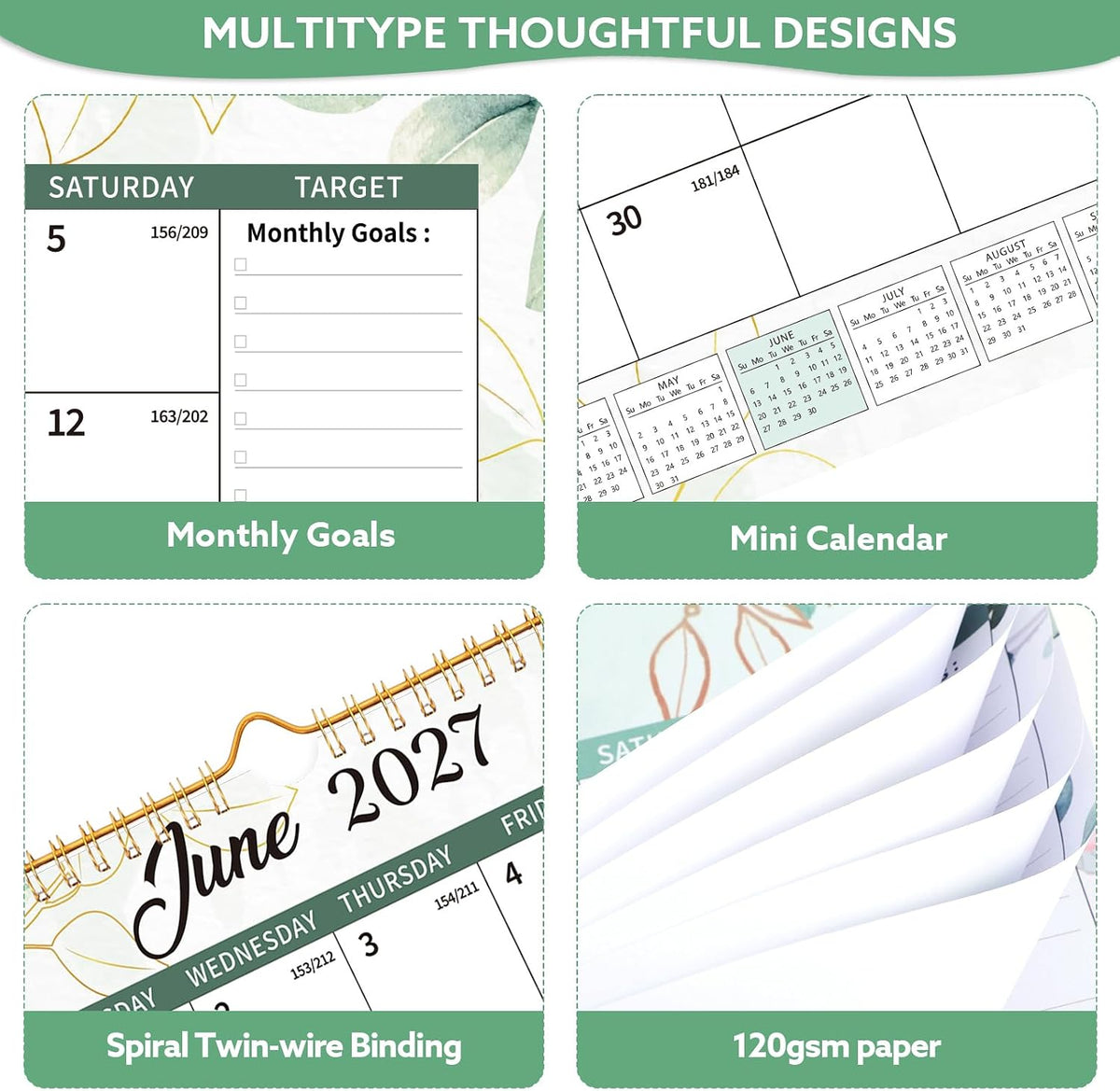 2026-2027 Wall Calendar, 14.5" x 11.8" 18 Month Green Leaves