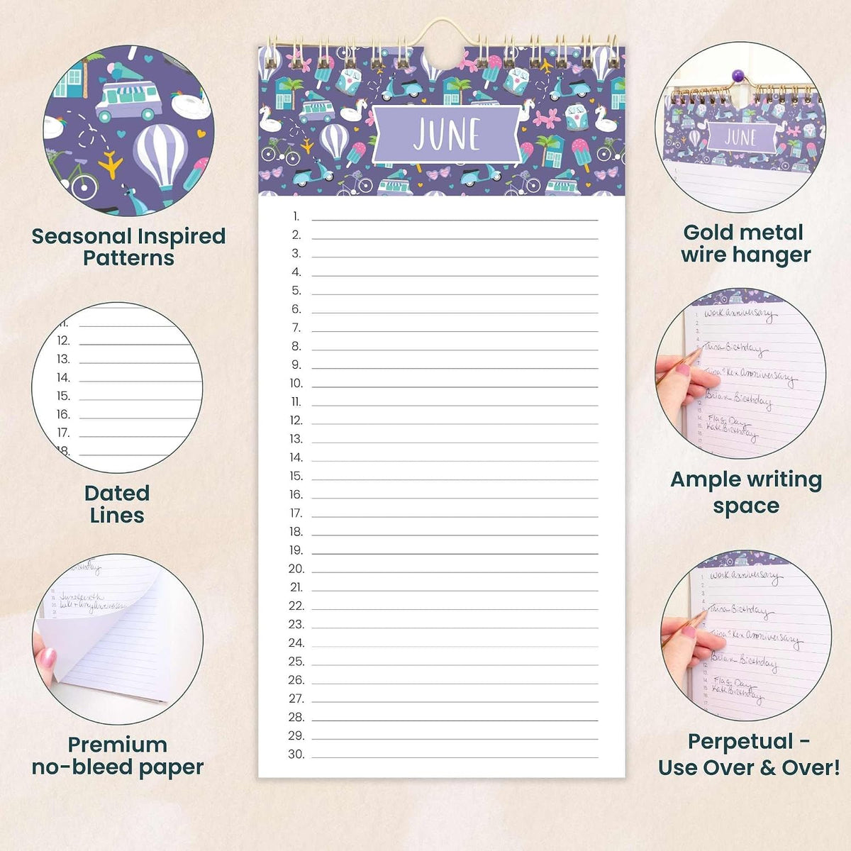 bloom daily planners Perpetual Hanging Flip Calendar - 5” x 10” - Monthly Wall Organizer Notepad for Important Dates, Birthdays, Anniversaries - Holiday Icons