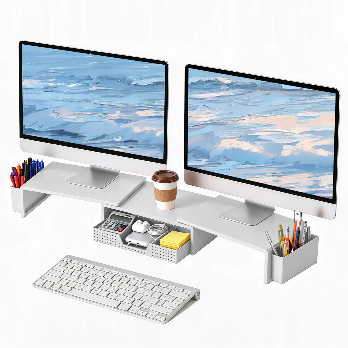 LEKETREE Dual Monitor Stand Riser with Drawer and 2 Pen Holders, Pink