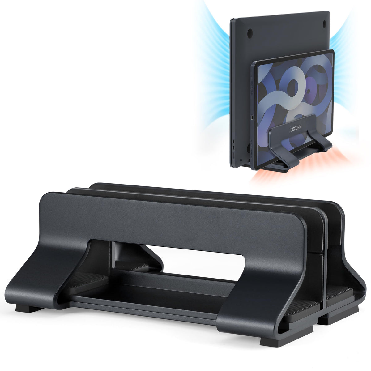 Aluminum Vertical Laptop Stand Dock Holder, Adjustable Slot Width 12-42mm, Space-Saving Upright Storage for MacBook and Laptops